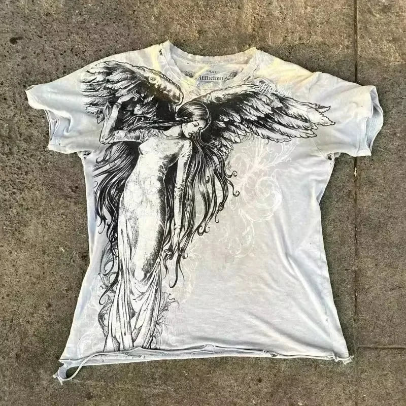 Classic Y2K Gothic Style T-shirt Print Oversized T Shirt High Street Shirts Gothic Round Neck Cotton Tops New Mens Women T Shirt