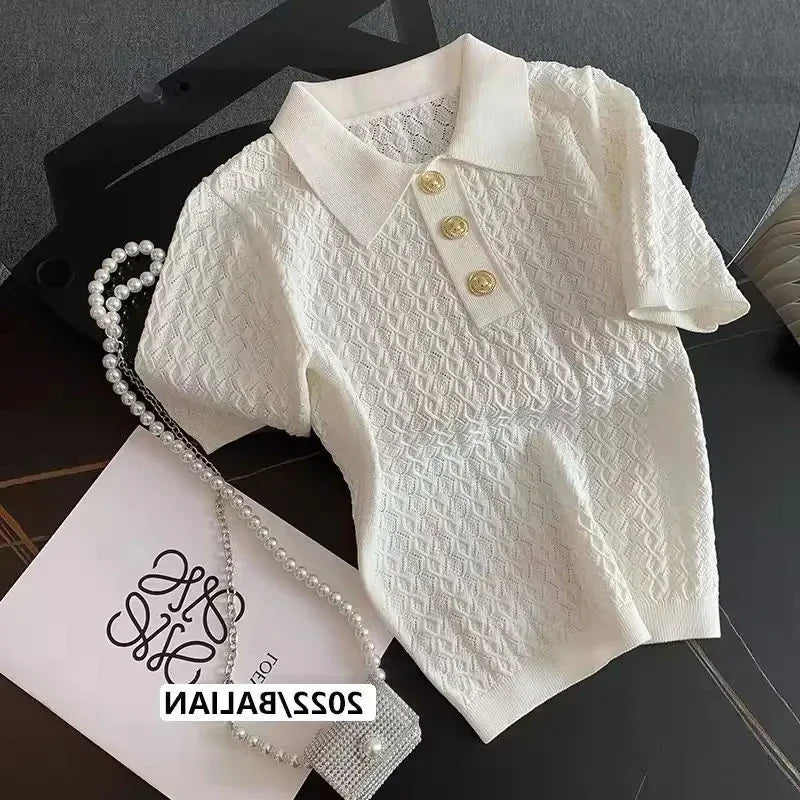 FANAN Ice Silk Polo Shirt Knitted Short Sleeve T-Shirts Lady New Chic Thin Unique Jacquard Women Tops 2026 Korean Style Clothing