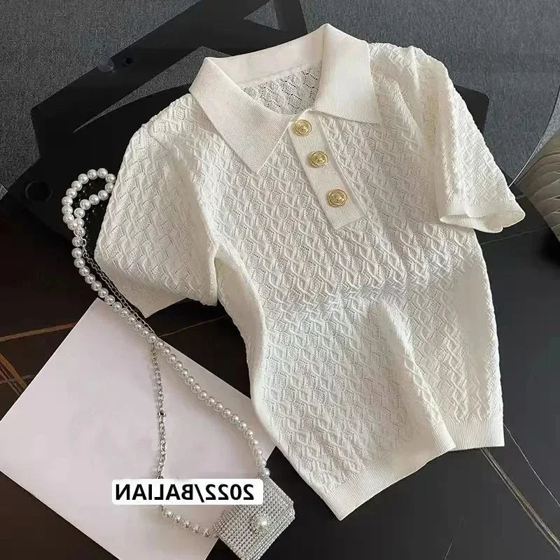 FANAN Ice Silk Polo Shirt Knitted Short Sleeve T-Shirts Lady New Chic Thin Unique Jacquard Women Tops 2026 Korean Style Clothing