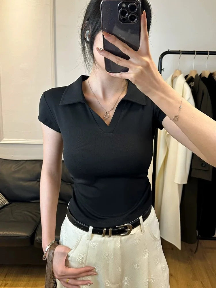 Cotton Summer Sexy Women's T Shirt Skinny Slim Basic Solid Crop Top Short Sleeve Polo TShirtCasual Top Tee for Women