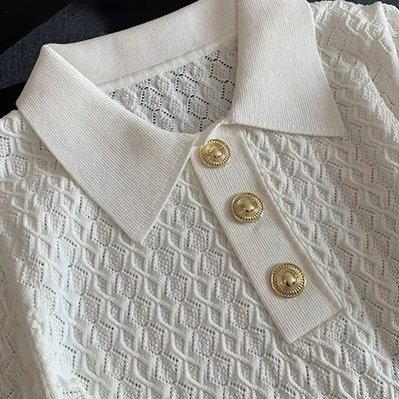 FANAN Ice Silk Polo Shirt Knitted Short Sleeve T-Shirts Lady New Chic Thin Unique Jacquard Women Tops 2026 Korean Style Clothing