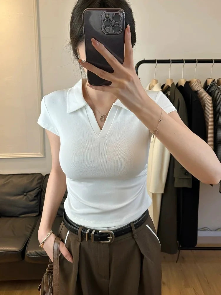 Cotton Summer Sexy Women's T Shirt Skinny Slim Basic Solid Crop Top Short Sleeve Polo TShirtCasual Top Tee for Women