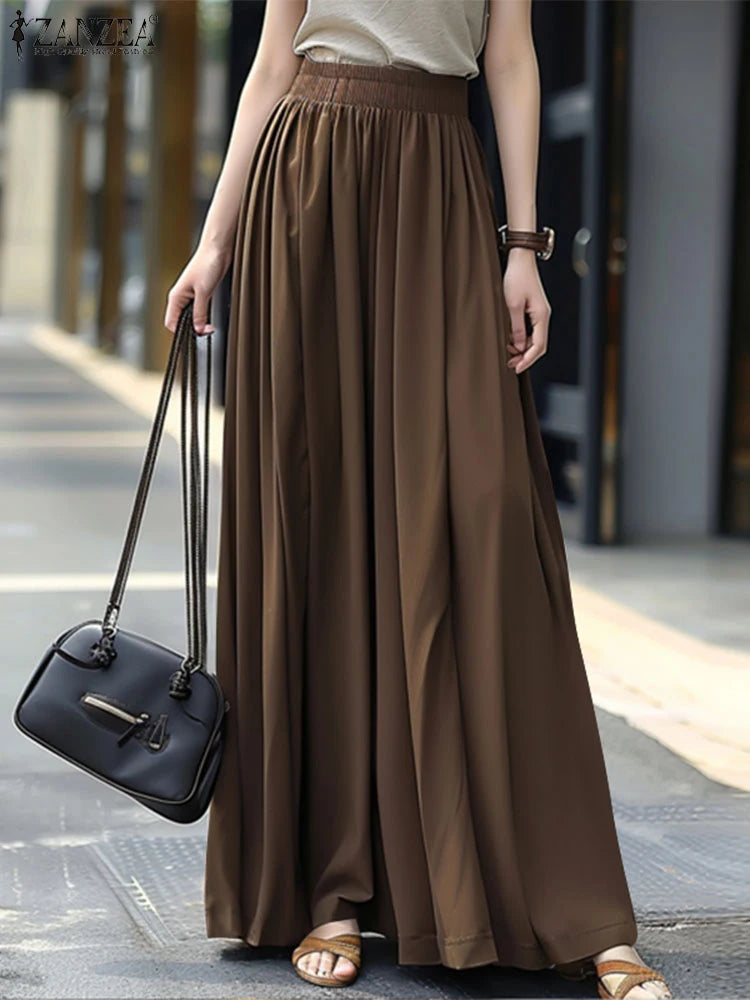 ZANZEA Streetwear Ruffled Maxi Skirts Autumn 2026 Casual Loose High Waist Women A-line Faldas Korean Fashion Solid Long Jupes