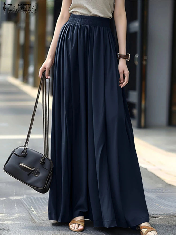 ZANZEA Streetwear Ruffled Maxi Skirts Autumn 2026 Casual Loose High Waist Women A-line Faldas Korean Fashion Solid Long Jupes