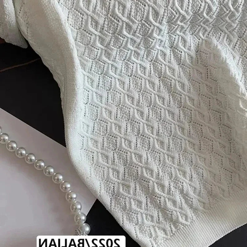 FANAN Ice Silk Polo Shirt Knitted Short Sleeve T-Shirts Lady New Chic Thin Unique Jacquard Women Tops 2026 Korean Style Clothing
