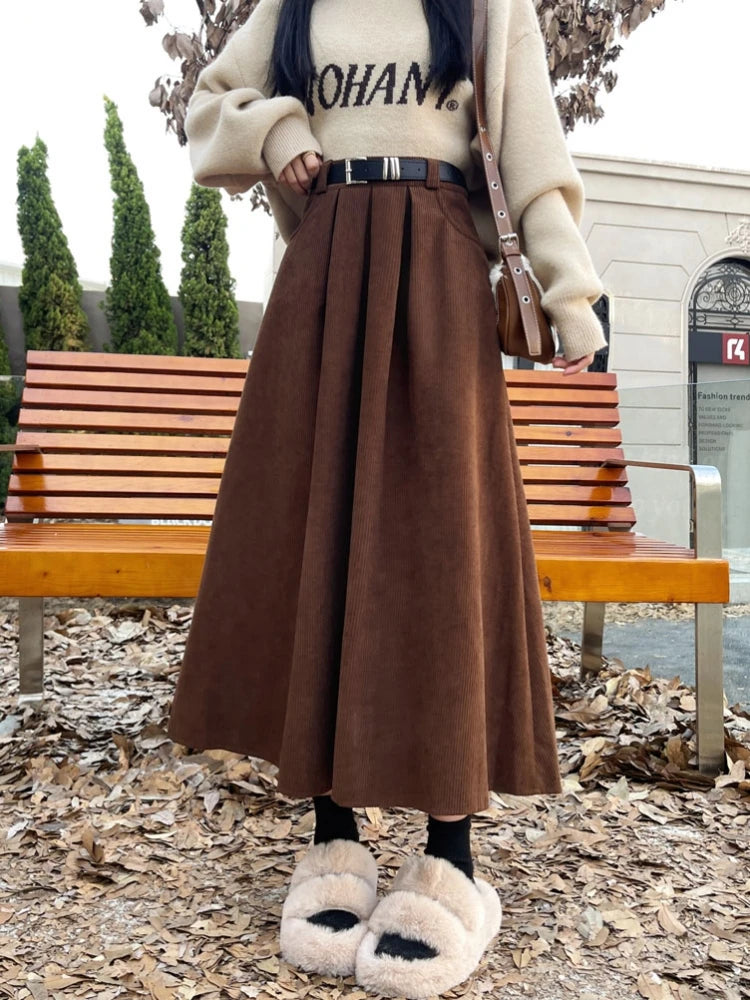 Qiukichonson Mid Long Skirts Womens Corduroy Skirt 2023 Autumn Winter Korean Vintage High Waist Ruffle Pleated Skirts With Belt