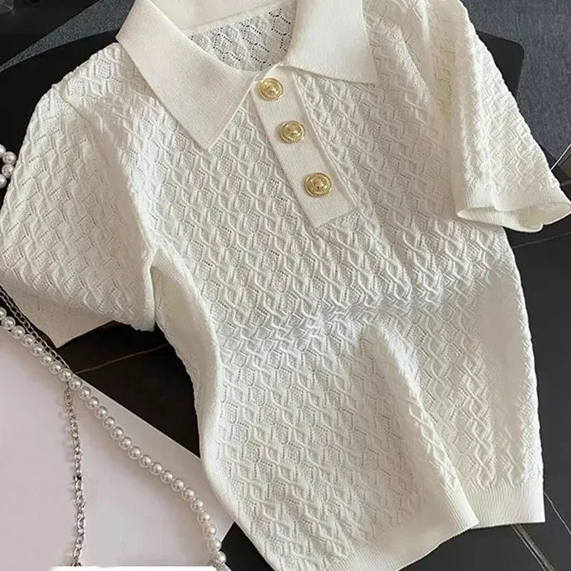 FANAN Ice Silk Polo Shirt Knitted Short Sleeve T-Shirts Lady New Chic Thin Unique Jacquard Women Tops 2026 Korean Style Clothing