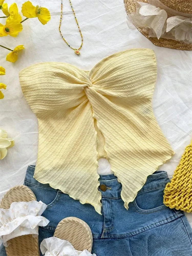 Twist Knot Cropped Tube Top for Women Summer Y2K Clothes Sexy Off the Shoulder Slit Crop Top