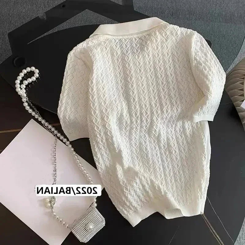 FANAN Ice Silk Polo Shirt Knitted Short Sleeve T-Shirts Lady New Chic Thin Unique Jacquard Women Tops 2026 Korean Style Clothing