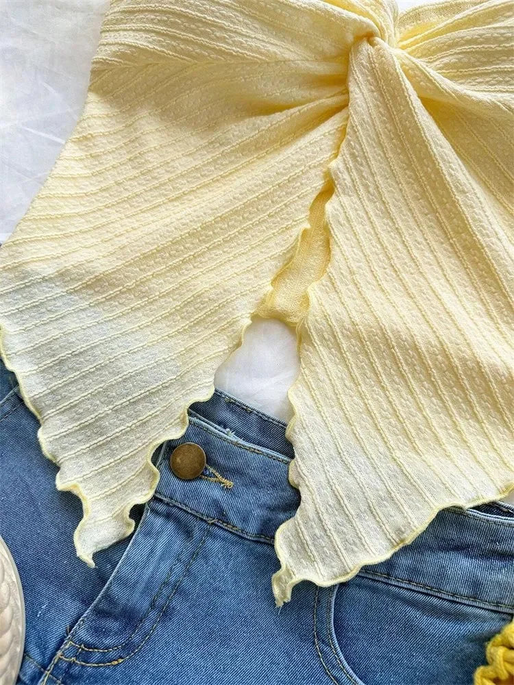 Twist Knot Cropped Tube Top for Women Summer Y2K Clothes Sexy Off the Shoulder Slit Crop Top